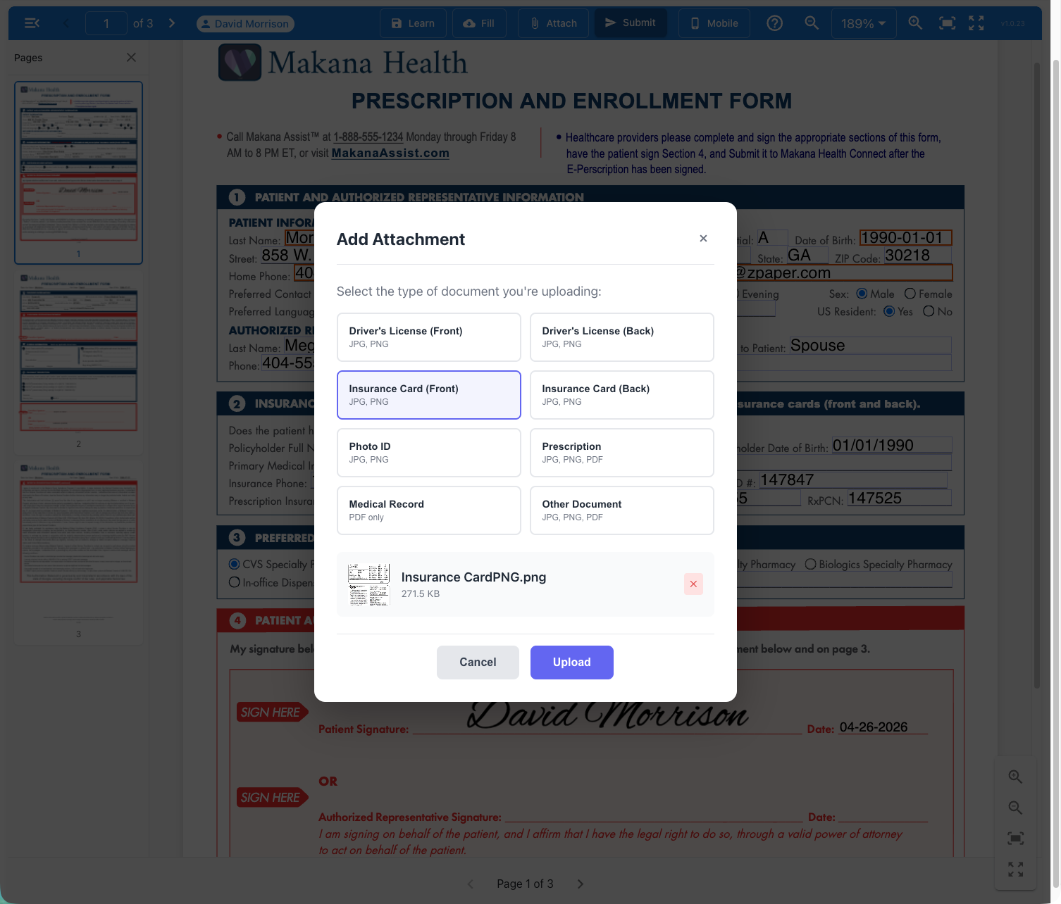 Add Attachment dialog with Insurance Card selected and signature visible