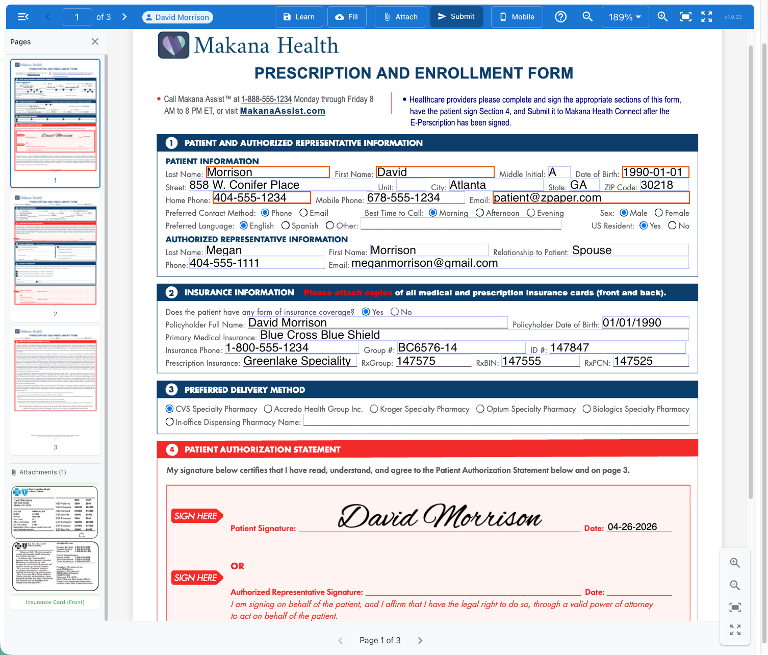 Completed enrollment form with insurance card attached and David Morrison e-signature