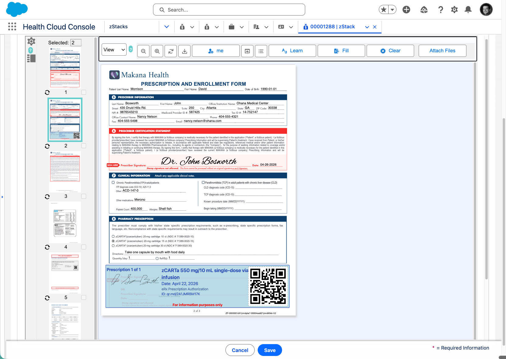 Salesforce Health Cloud Console showing the enrollment form pages and attachments on the patient record