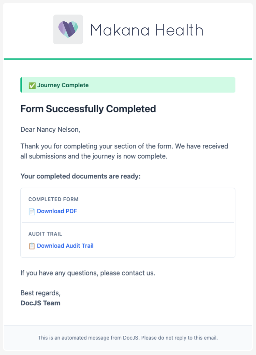 Form Successfully Completed email to Nancy Nelson