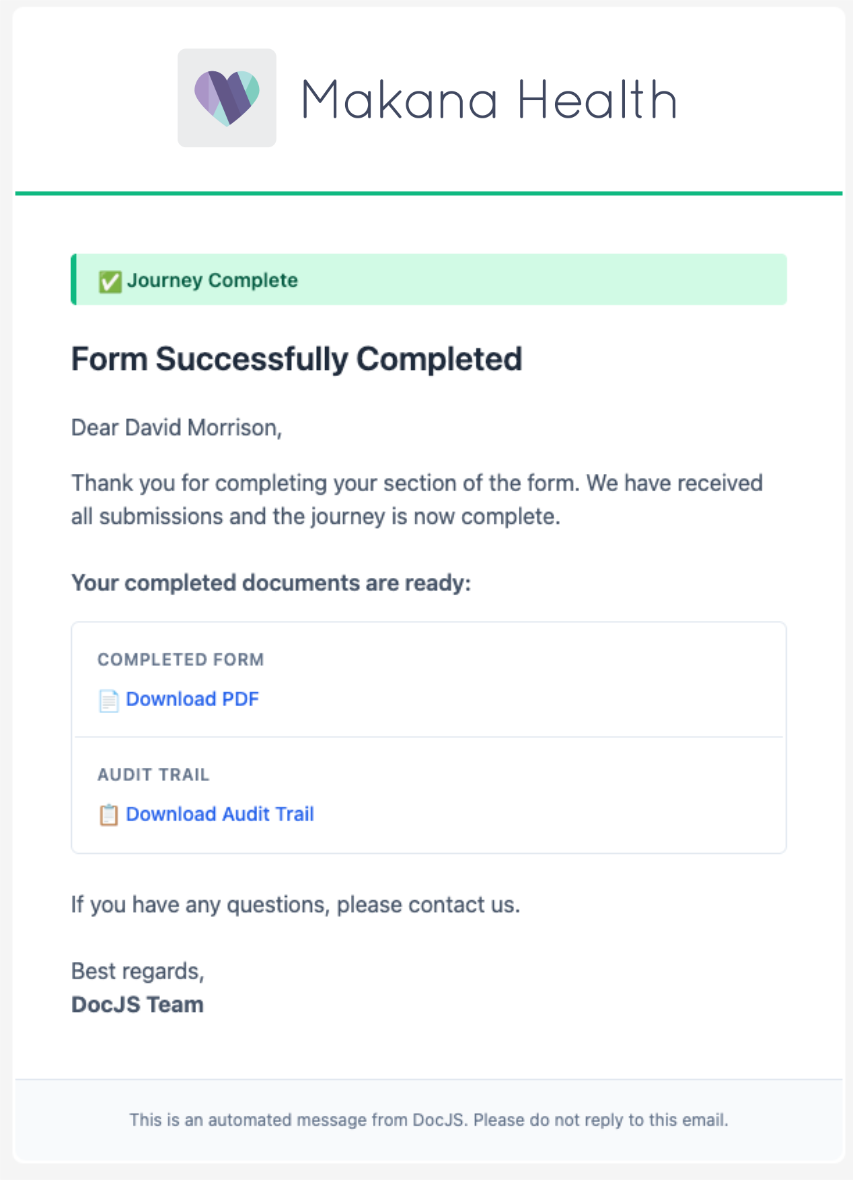 Form Successfully Completed email to David Morrison