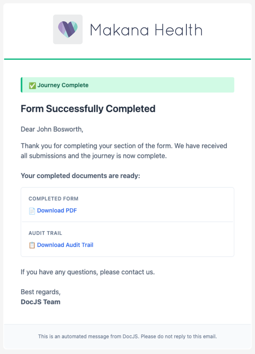 Form Successfully Completed email to Dr. John Bosworth
