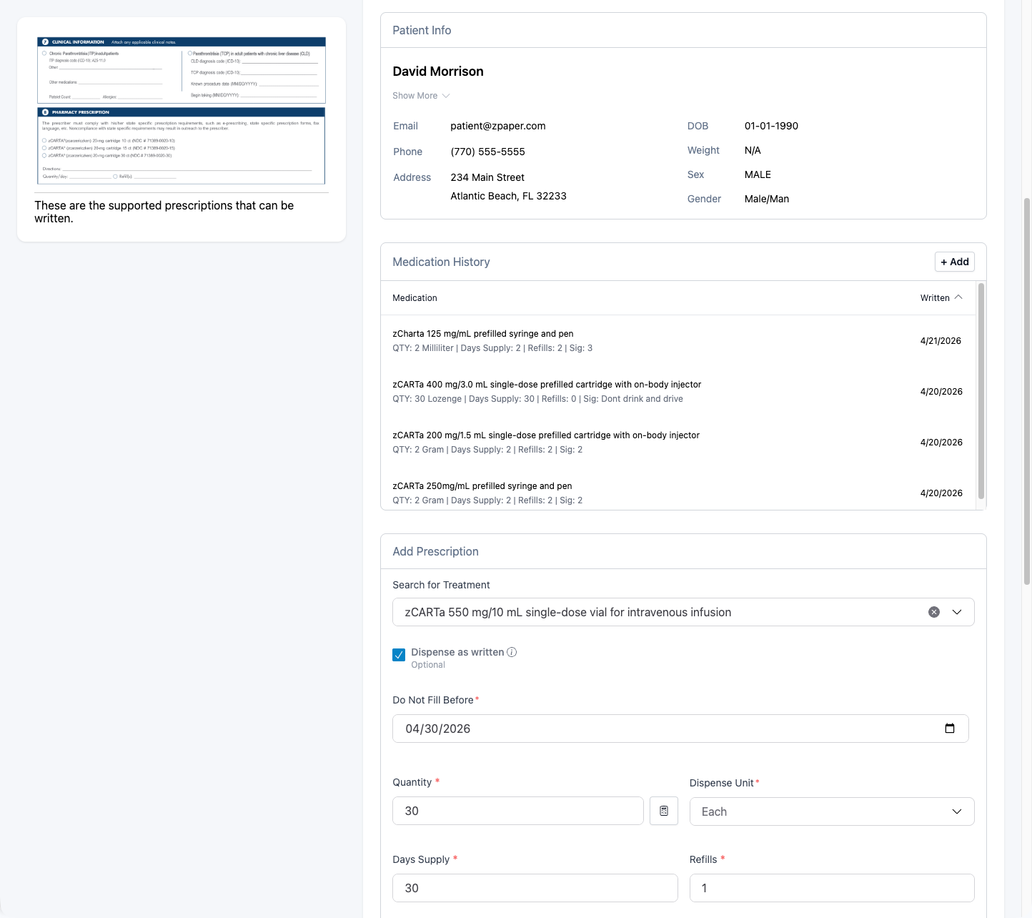 ePrescribing window showing matched patient David Morrison with medication history and Add Prescription form