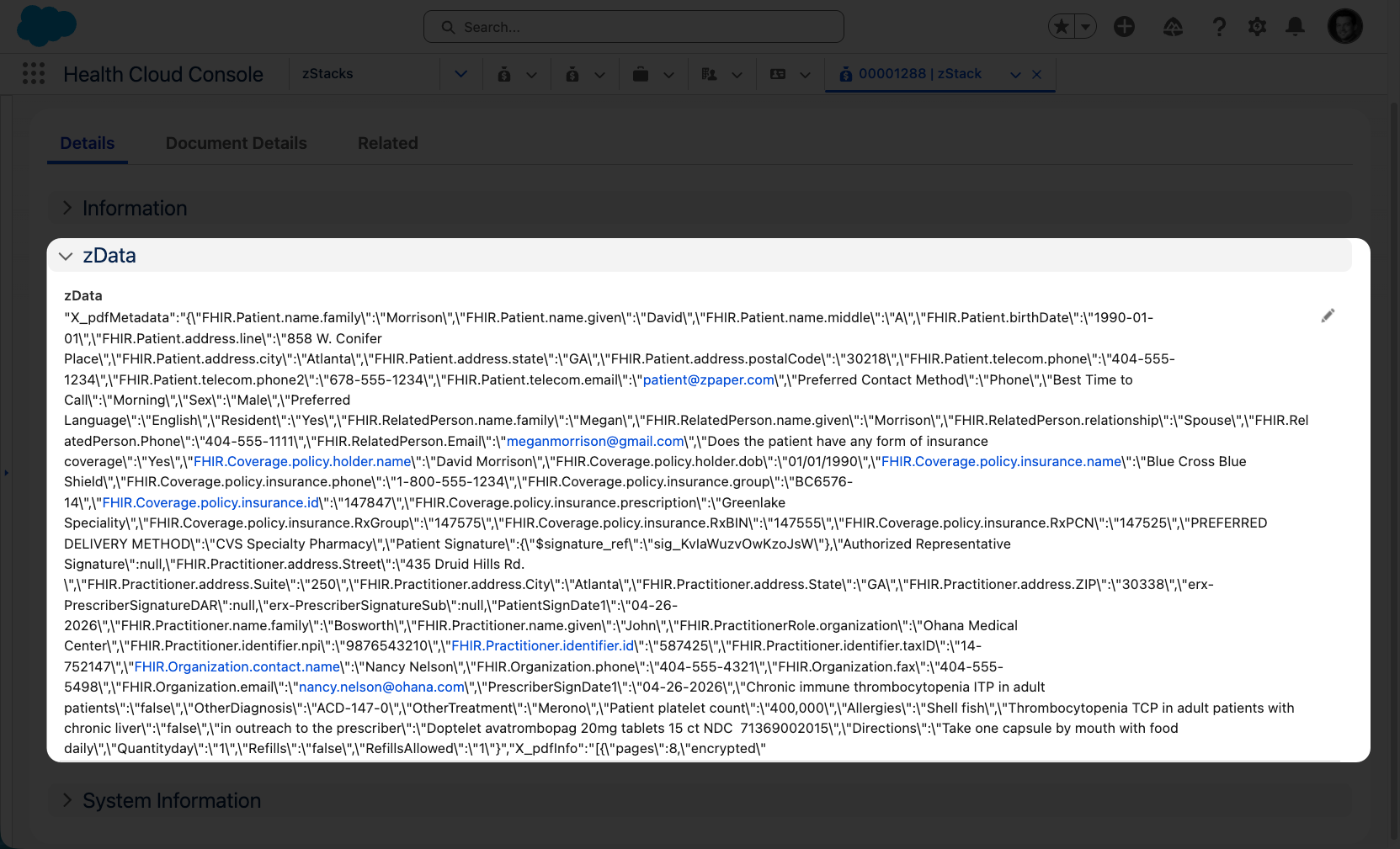 Salesforce Health Cloud Console with FHIR-mapped zData