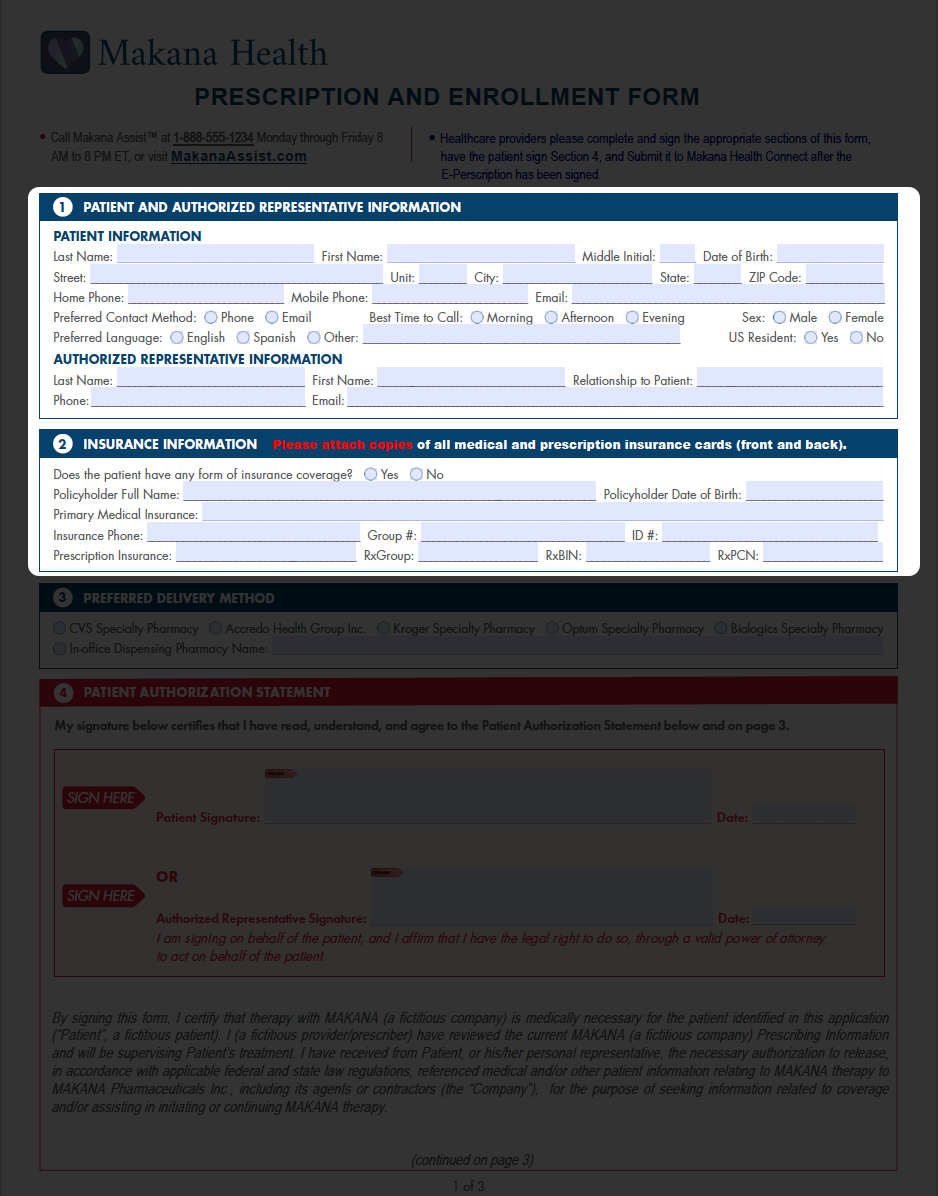 Med staff fills patient and insurance info on page 1