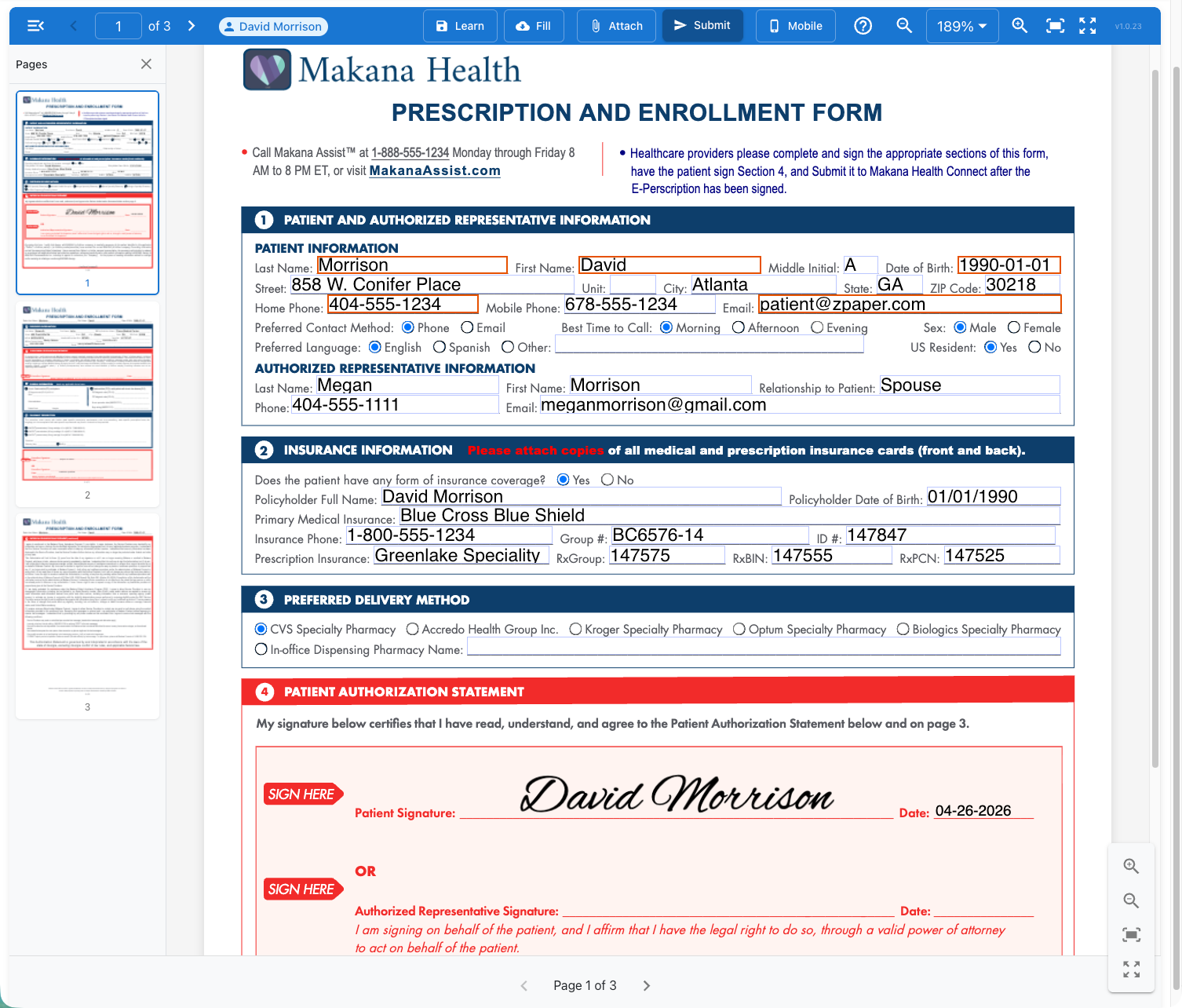 Prescriber view of the enrollment form with patient sections completed and locked
