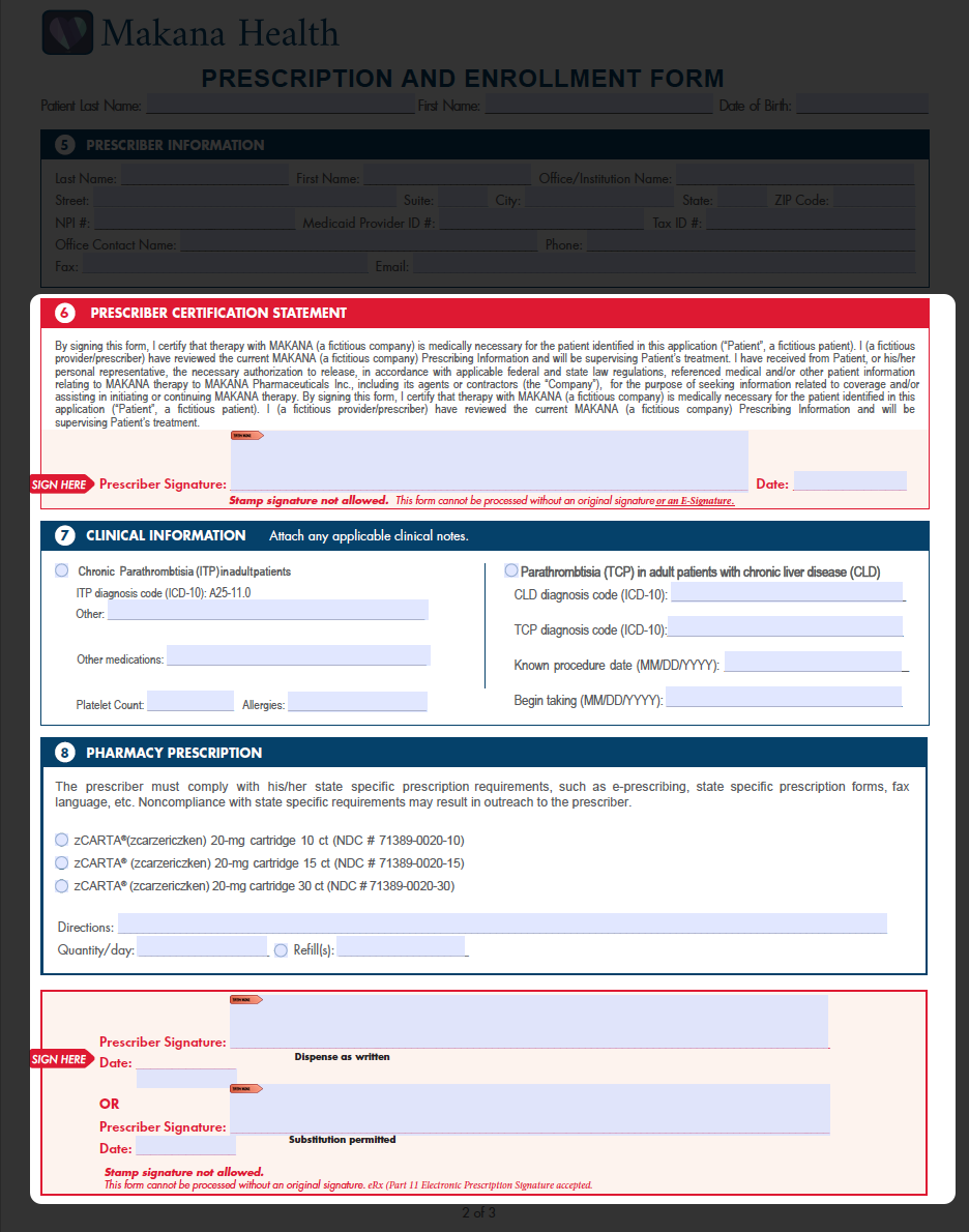 Prescriber sections highlighted on page 2