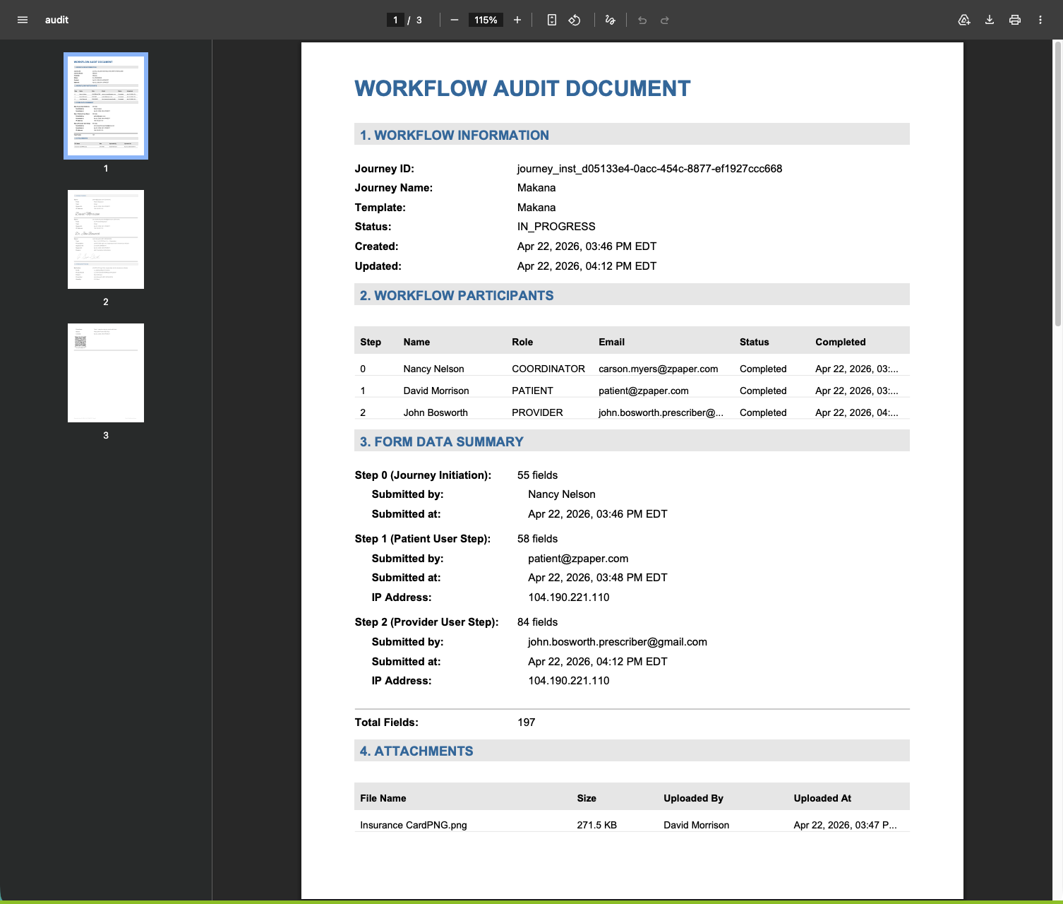 Workflow Audit Document page 1: workflow info, participants, form data summary, attachments