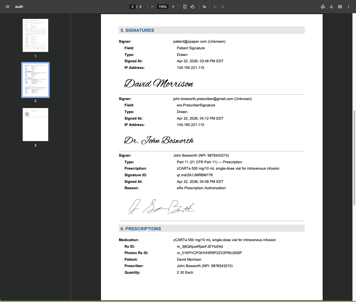 Workflow Audit Document page 2: signatures section with patient and prescriber signatures