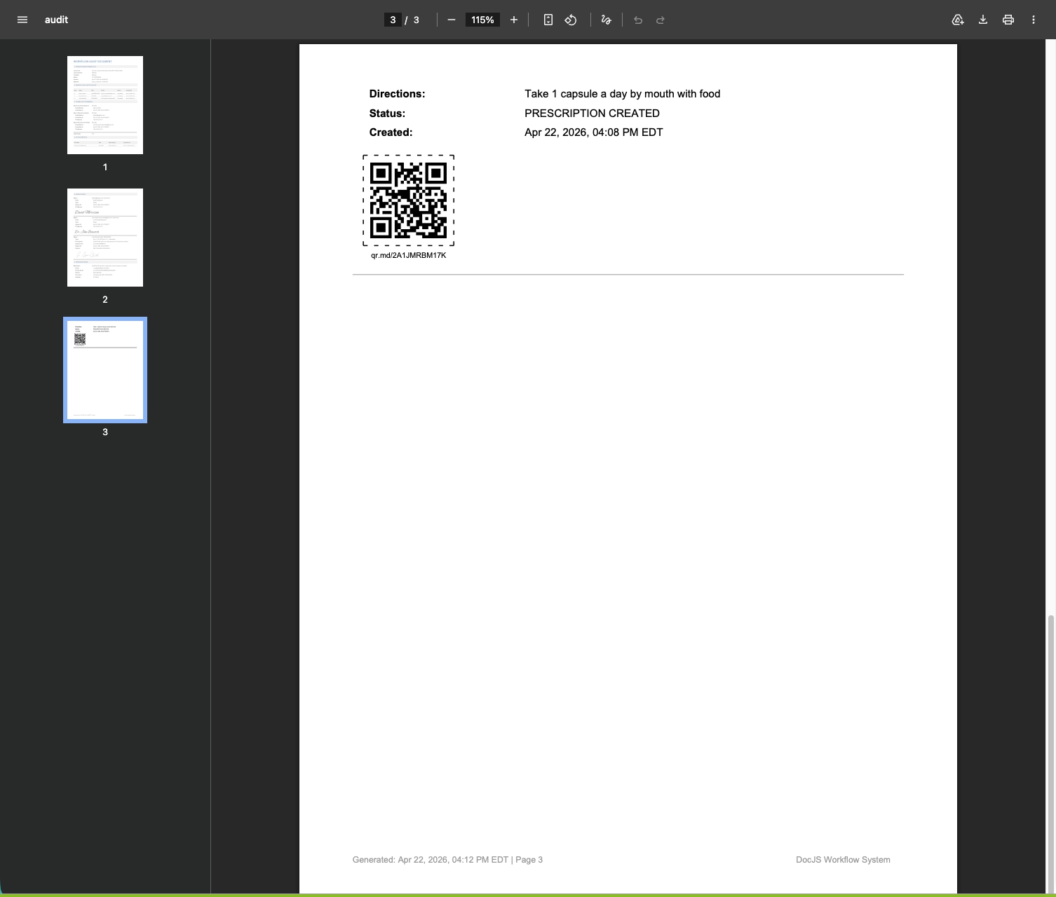 Workflow Audit Document page 3: prescription receipt with QR code