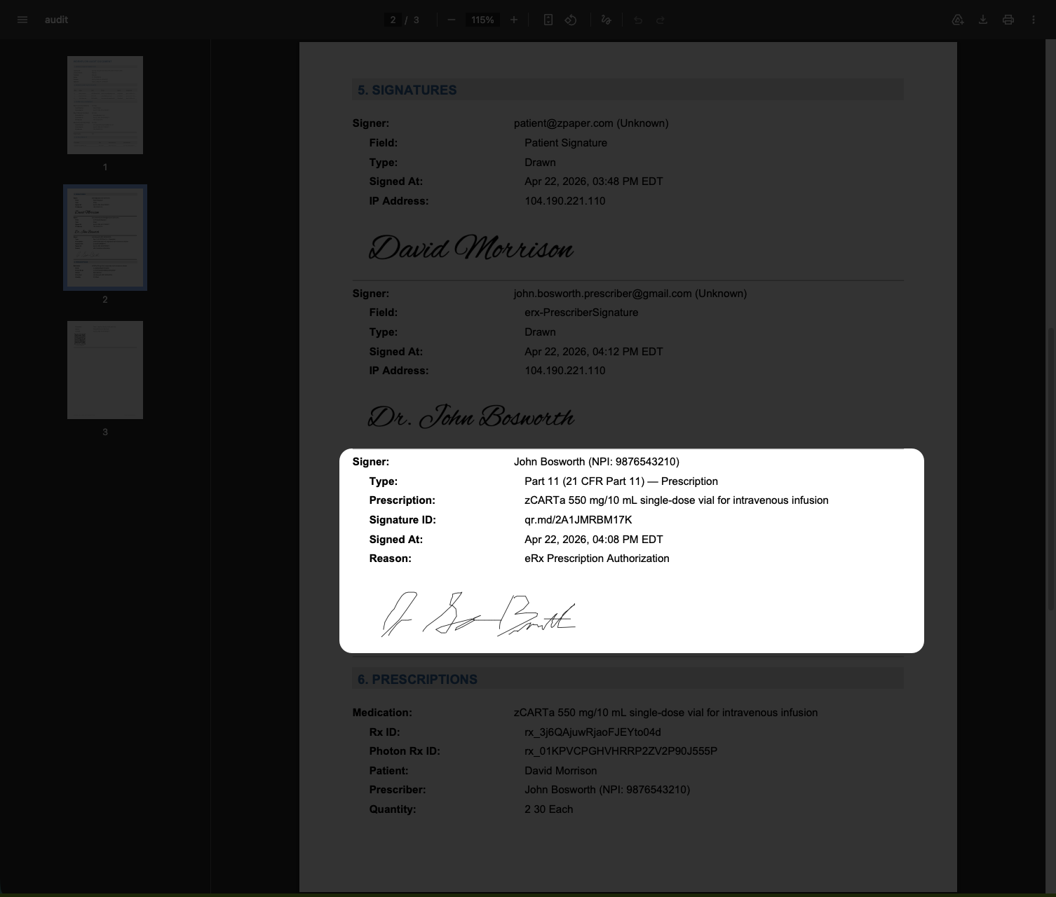 Workflow Audit Document detail: Part 11 prescription signature block highlighted