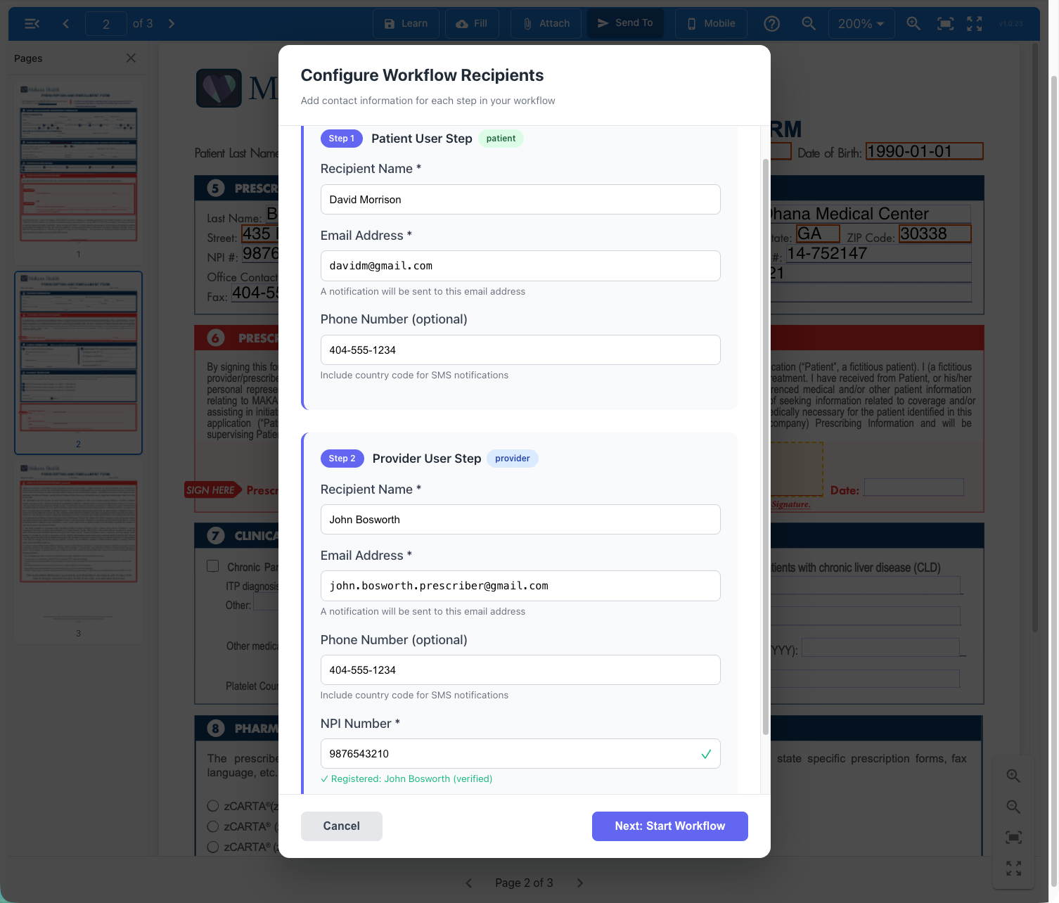 Configure Workflow Recipients dialog showing Patient and Provider steps