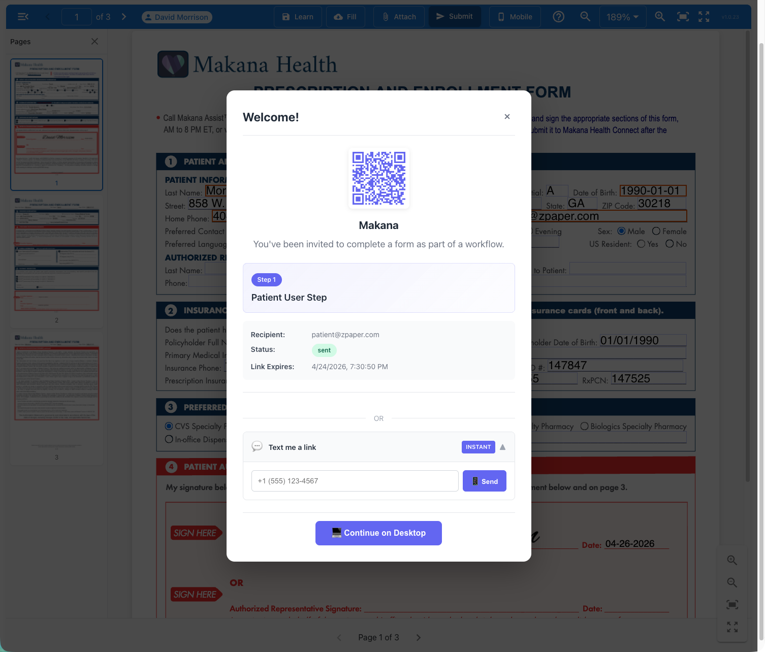 Welcome dialog showing QR code, SMS link, and Continue on Desktop options