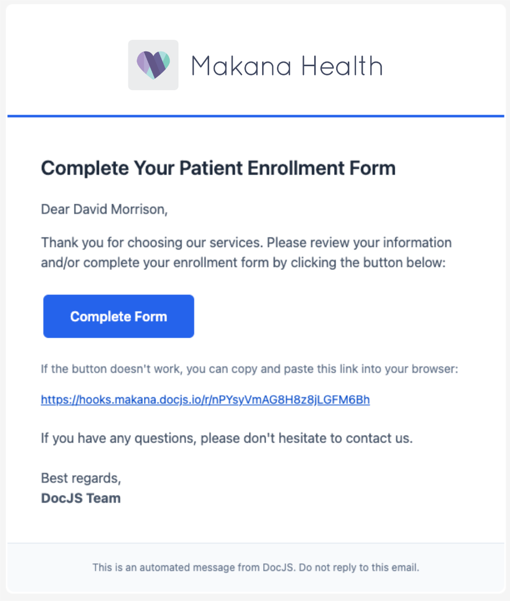 Branded Makana Health enrollment email to David Morrison