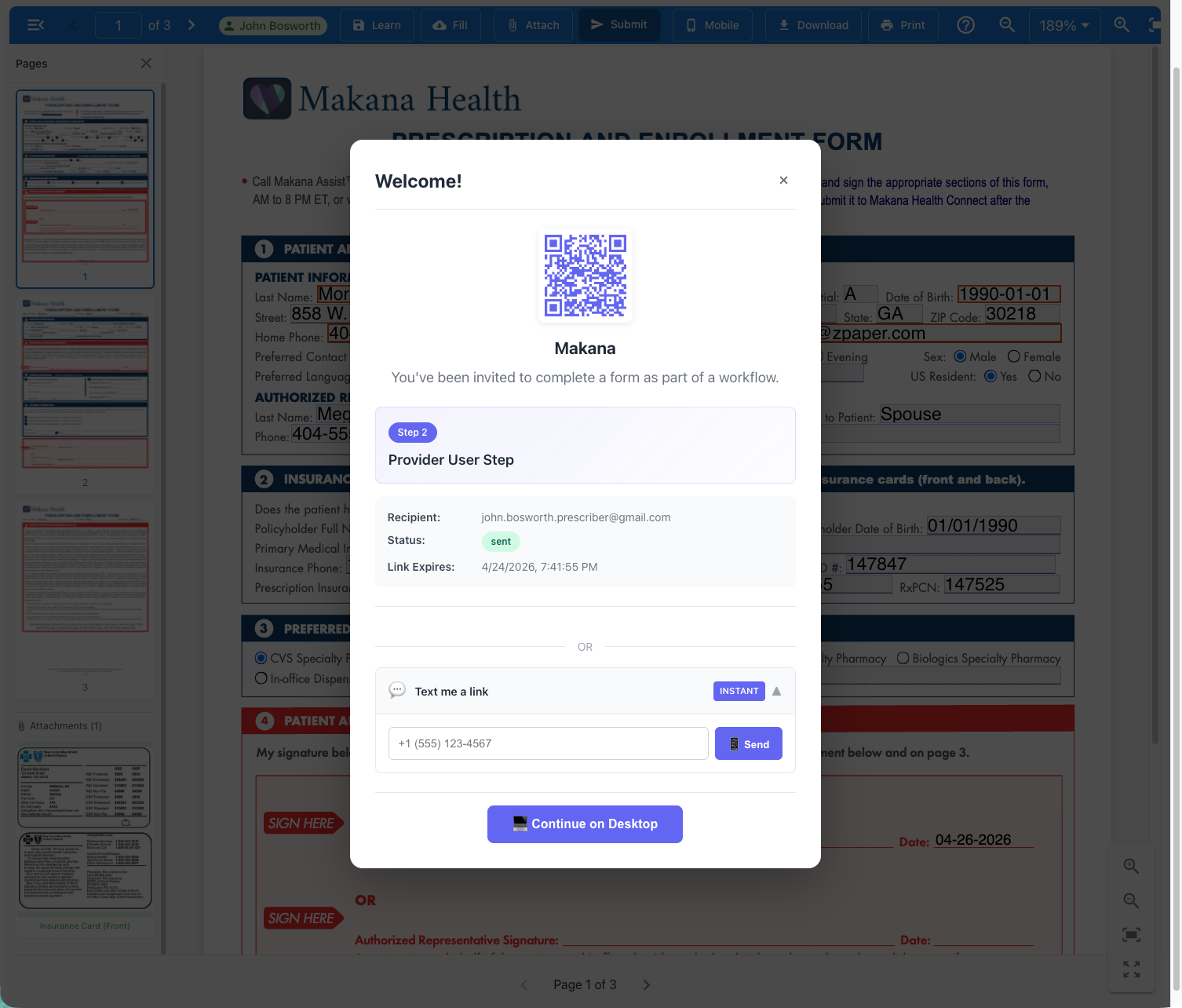 Authentication welcome dialog showing John Bosworth Provider User Step with QR code and link options