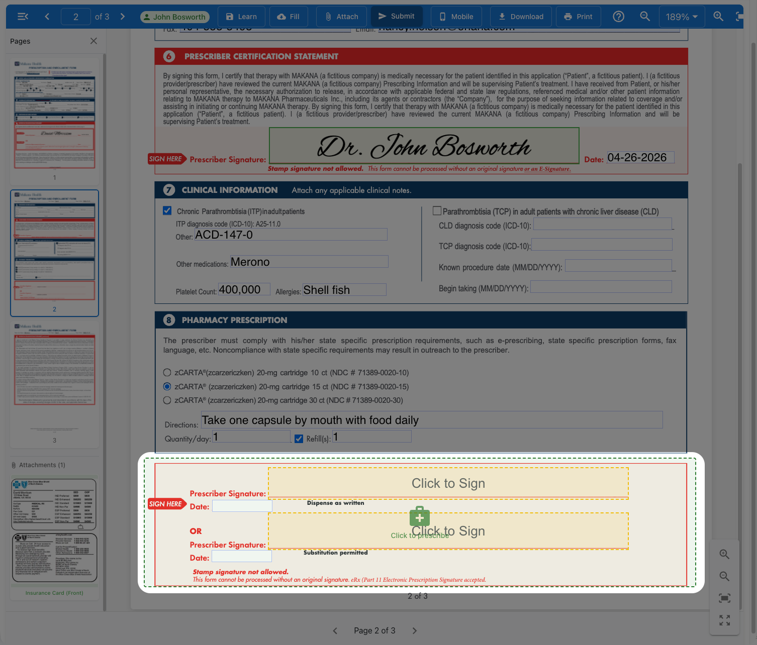 Form page 2 with prescription section highlighted