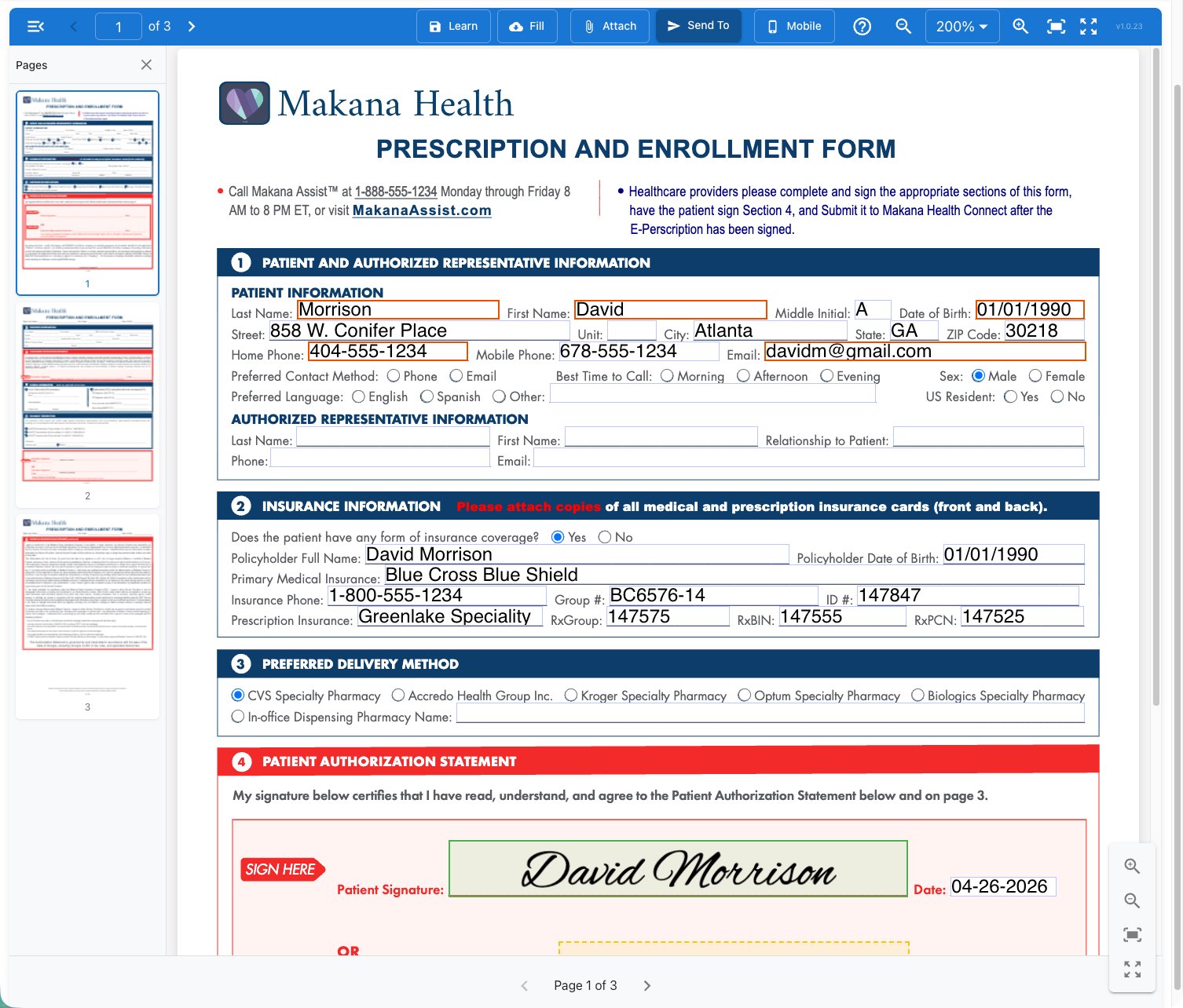 Page 1 of the enrollment form with patient information fields completed