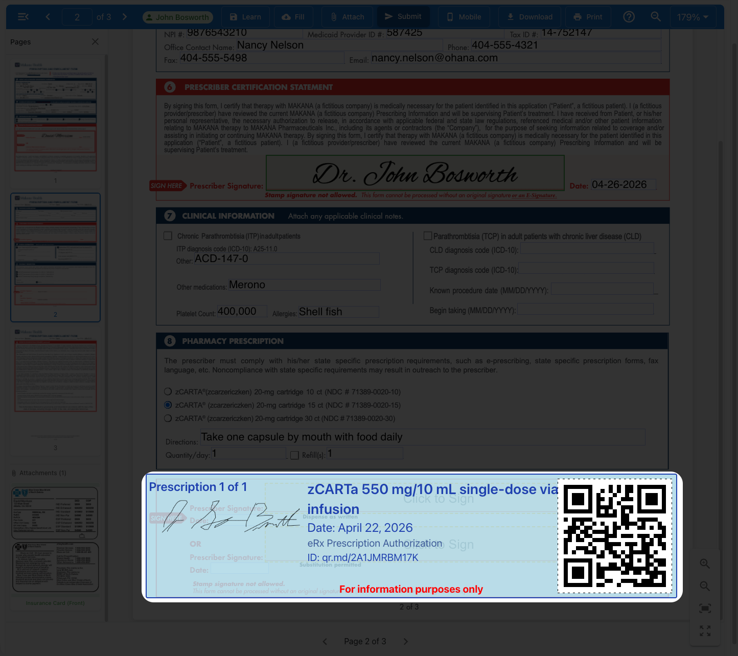Signed prescription with QR code and digital seal for zCARTa 550 mg infusion