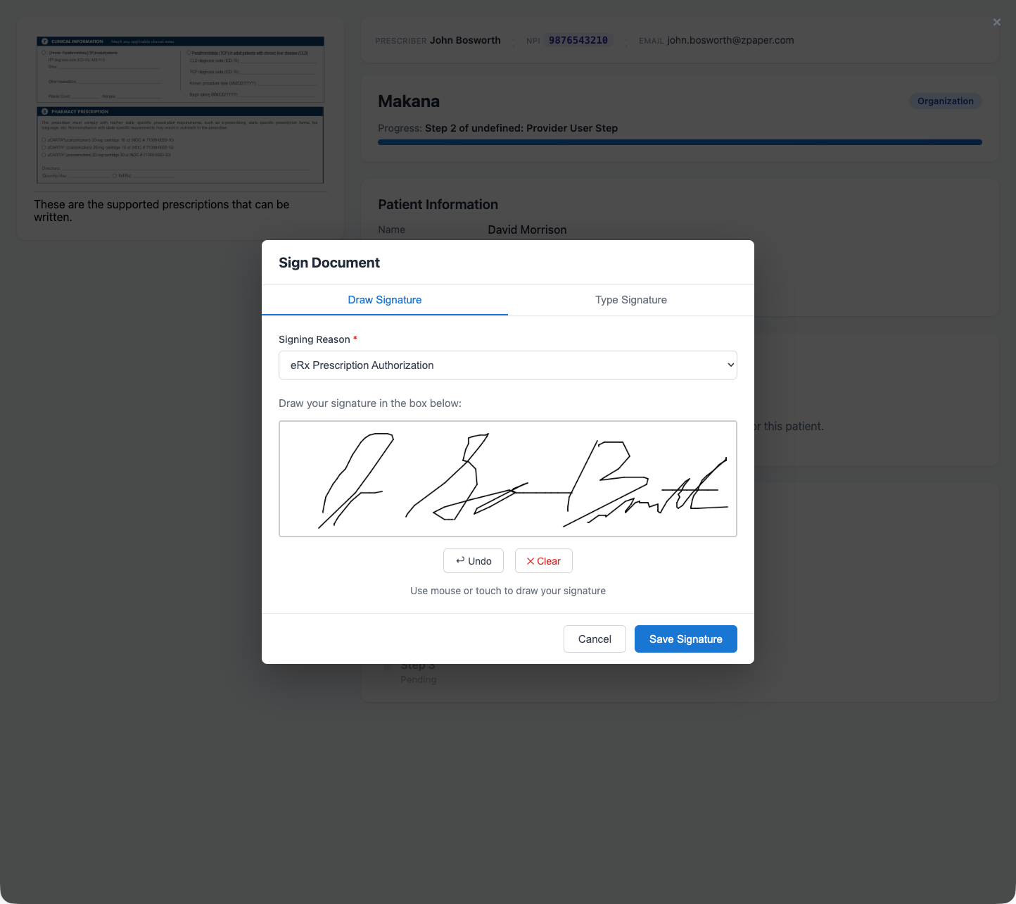 Sign Document dialog with eRx Prescription Authorization signing reason and drawn signature for John Bosworth