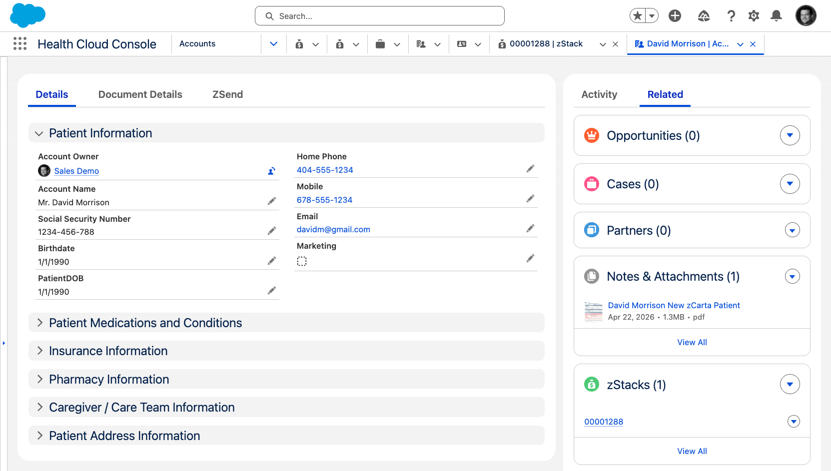 Salesforce Health Cloud Console patient record for David Morrison with mapped fields and attached PDF