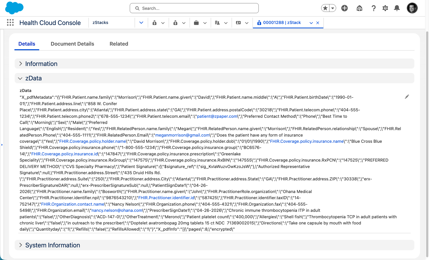 Salesforce Health Cloud Console showing structured zData metadata mapped from the enrollment form